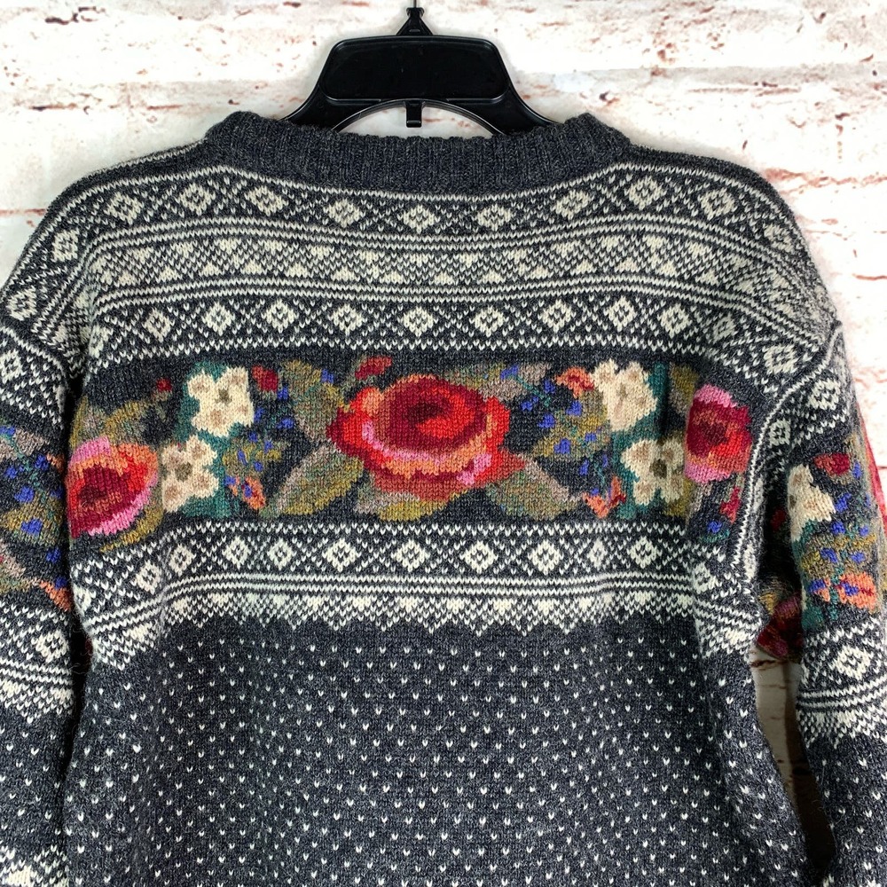 Icelandic Design Sweater Nordic Floral Gray Neck 100% Wool Size M - Picture 5 of 10